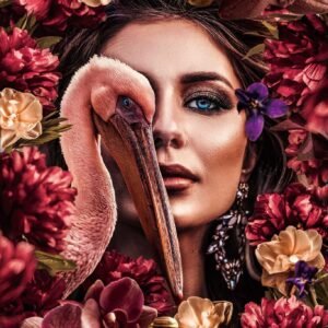 Foto Glas Art – Pelikaan en vrouw omringt door bloemen, multi-gekleurd, prachtig voor in de woon en of slaapkamer, inclusief ophang materiaal.