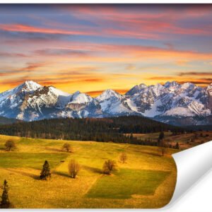 Fotobehang – Besneeuwde bergen bij zonsondergang, premium print, inclusief behanglijm