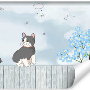Fotobehang – Kat op schutting, Kinderkamer, premium print, inclusief behanglijm