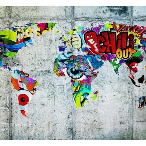 Zelfklevend fotobehang – Wereldkaart,Graffiti op betonnen muur, premium print, 8 maten, eenvoudig aan te brengen, instructie bijgevoegd