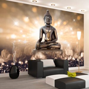 Zelfklevend fotobehang – Gouden verlichting, Boeddha, premium print, Inspiratie, water – en UV bestendig, geen behangtafel nodig, instructie bijgevoegd