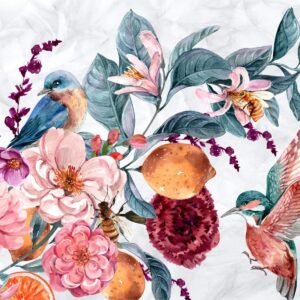 Fotobehang – Waterverf vogel tussen kleurrijke bloemen, 11 maten, Inclusief behanglijm, prachtig op de muur