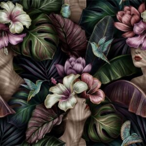 Fotobehang – Abstracte vrouwelijke gezichten tussen bloemen, 11 maten, inclusief behanglijm