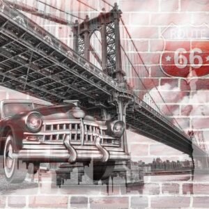 Fotobehang – Amerika, USA, Oldtimer, route66, Brooklyn Bridge, Op stenen achtergrond, 11 maten, incl behanglijm