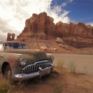Fotobehang - Oldtimer in de Woestijn, bruin, 11 maten, Premium print, inclusief behanglijm