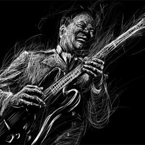Fotobehang – Geschilderde blues muzikant in zwart en wit, Muziek, 11 maten, inclusief behanglijm