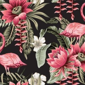 Fotobehang - Tropische bloemen en Flamingo's Vintage, 11 maten, premium print, incl behanglijm