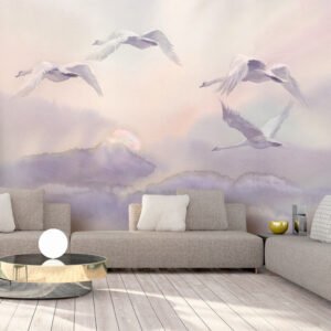 Zelfklevend fotobehang – Vliegende Zwanen, Aquarel (Paars) Premium print