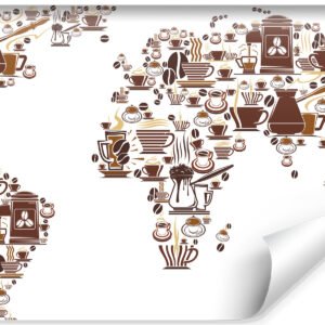 Fotobehang – Koffie Kaart van de Wereld, Wereldkaart, 11 maten, premium print, incl behanglijm