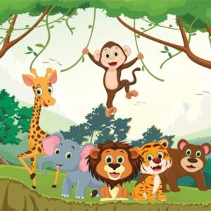 Fotobehang – Blije dieren in de Jungle, Kinderkamer, te koop in 11 maten, inclusief behanglijm