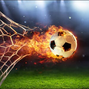 Fotobehang - Voetbal in vlammen, Doelpunt, Kinderkamer, te koop in 11 maten, incl behanglijm