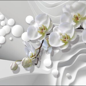 Fotobehang – Witte Orchideeën in het abstracte, wit/grijs/groen, Premium print vinyl, 11 maten, voor woon en slaapkamer, incl instructies en behanglijm