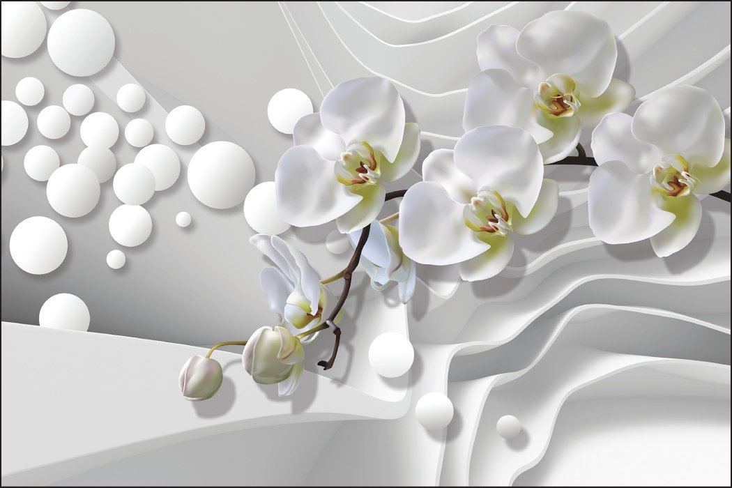 Fotobehang - Witte Orchideeën in het abstracte, wit/grijs/groen, Premium print vinyl, 11 maten, voor woon en slaapkamer, incl instructies en behanglijm 1 file 242