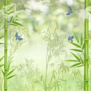 Fotobehang – Bamboe en vogels, Groen en blauw, in 11 maten te koop, inclusief behanglijm