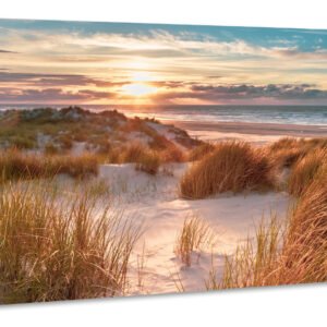 Schilderij – Ondergaande zon op het strand, Premium print, 90x50cm