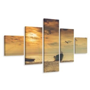 Schilderij – Boten op het strand, 5 luik, Premium Print