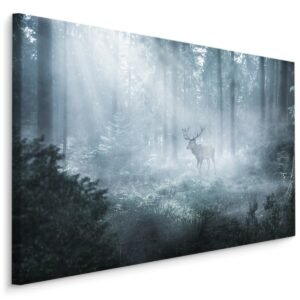 Schilderij – Hert in een donker Bos, Mist, premium Print