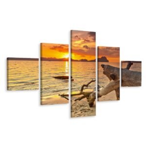 Schilderij – Zee en zonsondergang, 5 luik, Premium Print