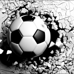 Fotobehang – Voetbal komt door de muur, zwart/wit, te koop in 11 maten, incl behanglijm