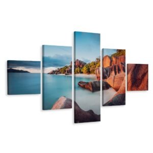 Schilderij – Strand Seychellen, 5 luik, Premium Print