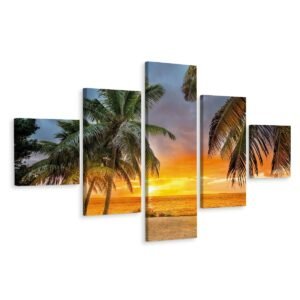Schilderij – Zonsondergang op tropisch strand, 5 luik, Premium print