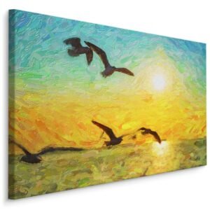 Schilderij – Zeemeeuwen en ondergaande zon, Print op canvas, premium Print