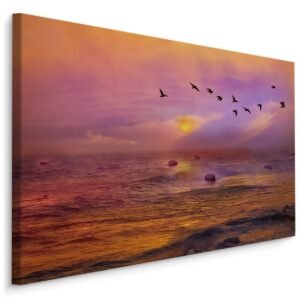 Schilderij – Vogels over de Oceaan, zonsondergang, Premium Print