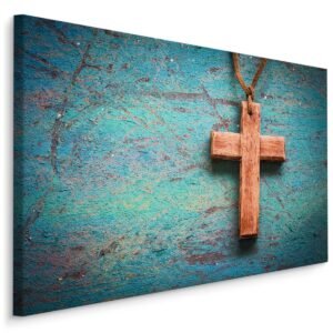 Schilderij – Houten Kruis op Blauwe Achtergrond, Premium Print