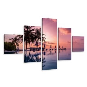 Schilderij – Zonsondergang in paradijs, Oceaan, 5 luik, Premium print
