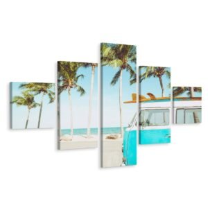 Schilderij – Retro auto op het strand, 5 luik, premium print