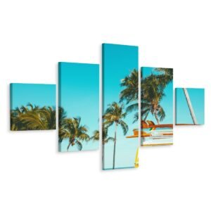 Schilderij – Retro auto en palmbomen, 5 luik, premium print