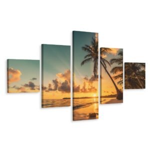 Schilderij – Palmbomen en Zonsondergang, 5 luik. Premium print