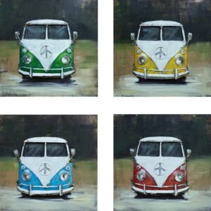 Schilderij – Metaalschilderij – Volkswagen bus T1, set van 4 x 40x40cm. vierluik, met de hand geschilderd op metaal