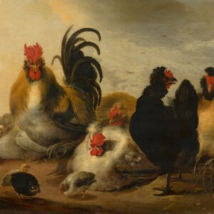 Schilderij – Gijsbert Gillisz d' Hondecoeter, Haan en kippen in een landschap, 1651