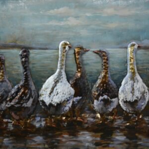 Schilderij – Metaalschilderij – 8 Gansen op een rij langs het water