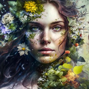 Foto Glas Art – Vrouw met gekleurde bloemen en bladeren om haar heen , 80×120, prachtig voor in de woon en of slaapkamer, inclusief ophang materiaal
